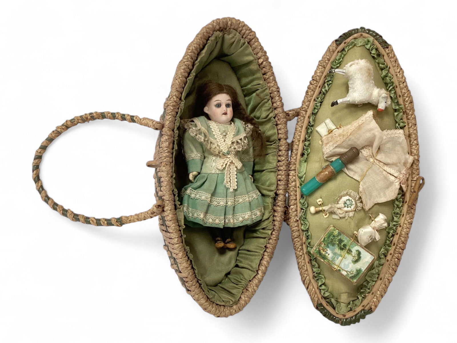 6" Armand Marseille 390 bisque socket head girl in presentation basket.: 6" Armand Marseille 390 bisque socket head girl in presentation basket. All original doll with mohair wig, stationary glass eyes, open mouth with teeth, crude five-piece composition body with molded a
