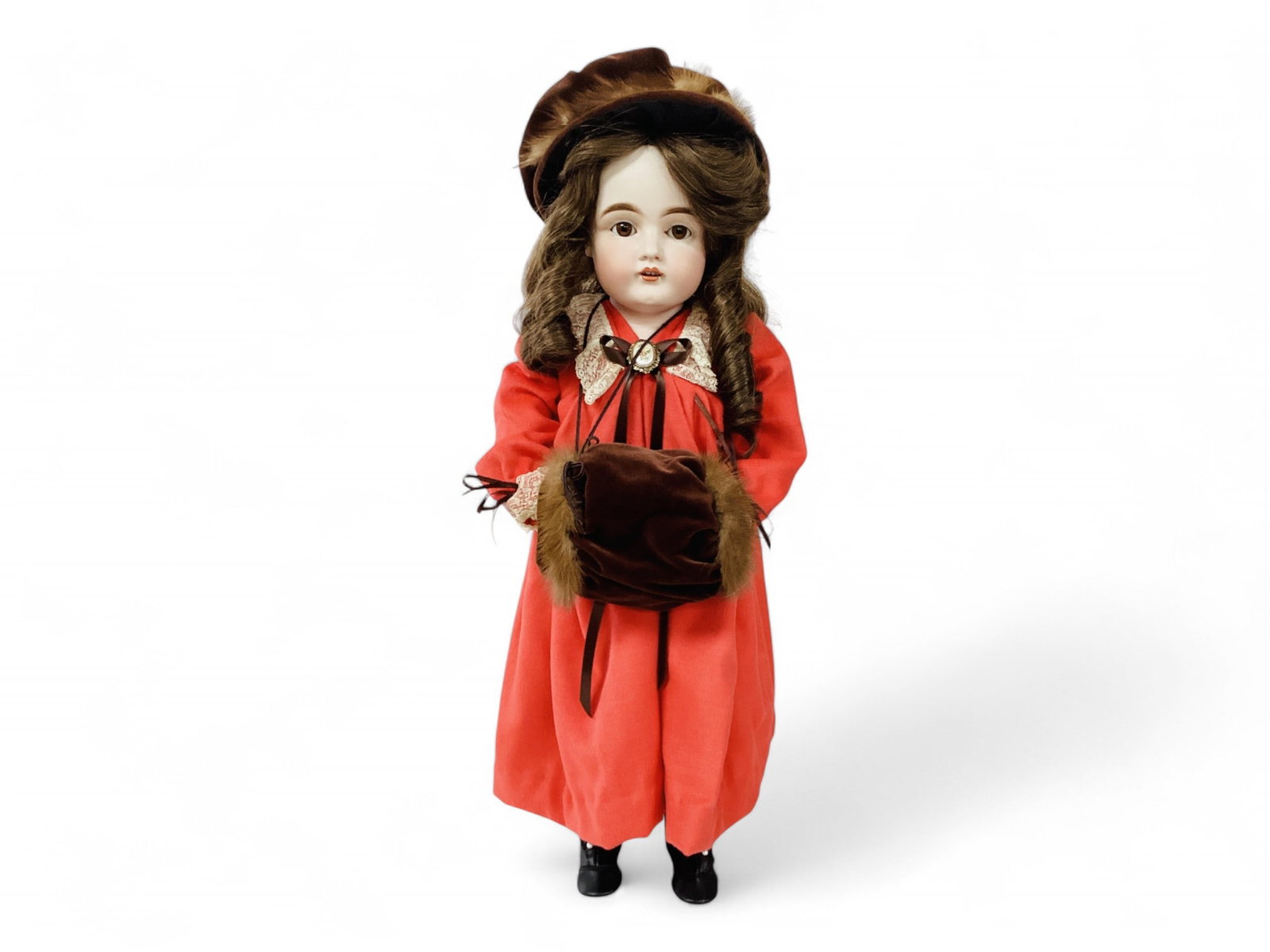 Kestner 154 bisque shoulder head girl.: Kestner 154 bisque shoulder head girl. 22 1/2" doll with replaced human hair wig over intact plaster pate, glass sleep eyes, open mouth with teeth, rivet jointed kid body with bisque lower arms. 