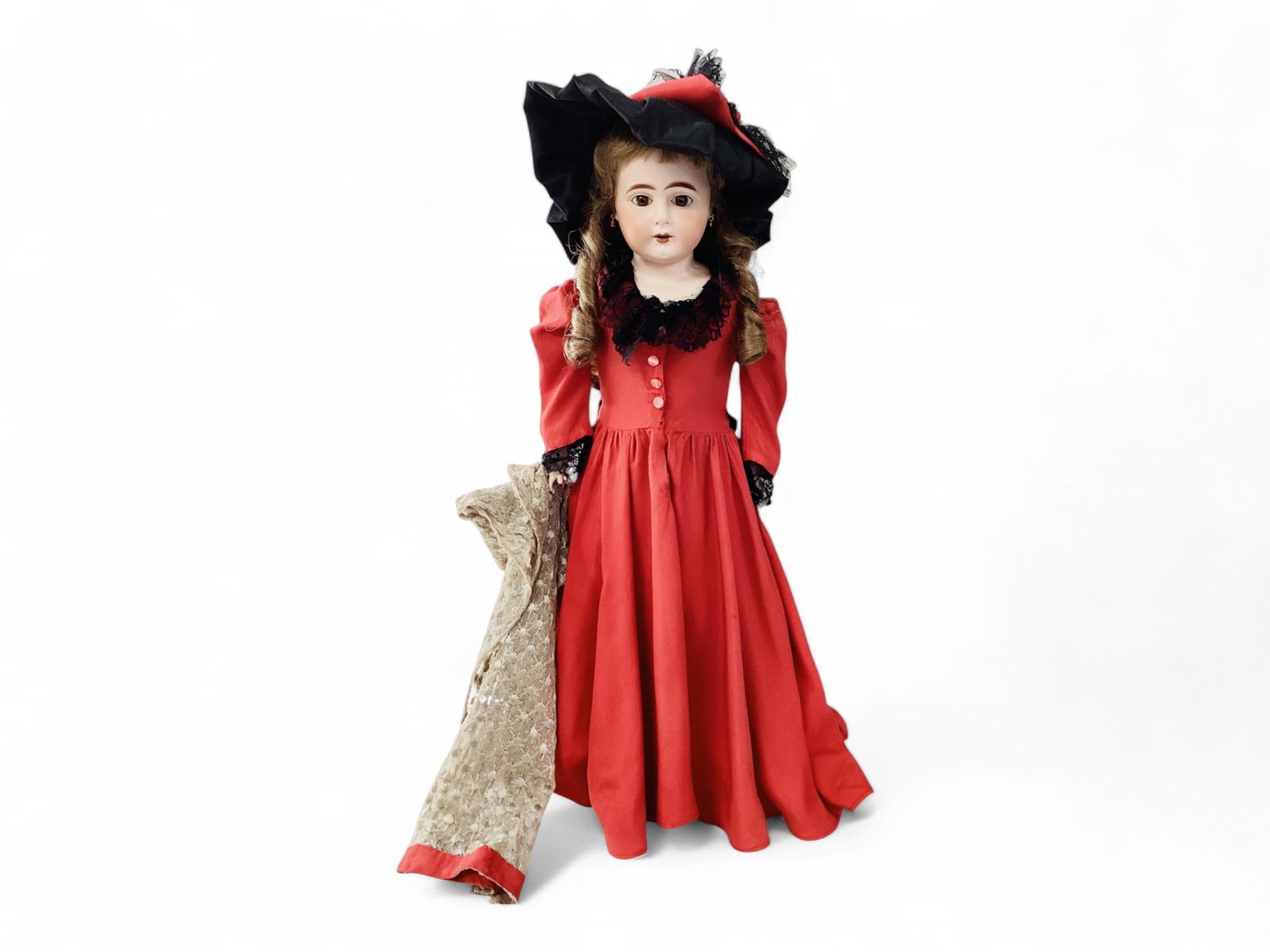 German Bisque Shoulder Head Girl.: German Bisque Shoulder Head Girl. No apparent marks, 21" doll with replaced synthetic wig, stationary glass eyes, pierced ears, open mouth with teeth, gusseted kid body with bisque lower arms. Bi
