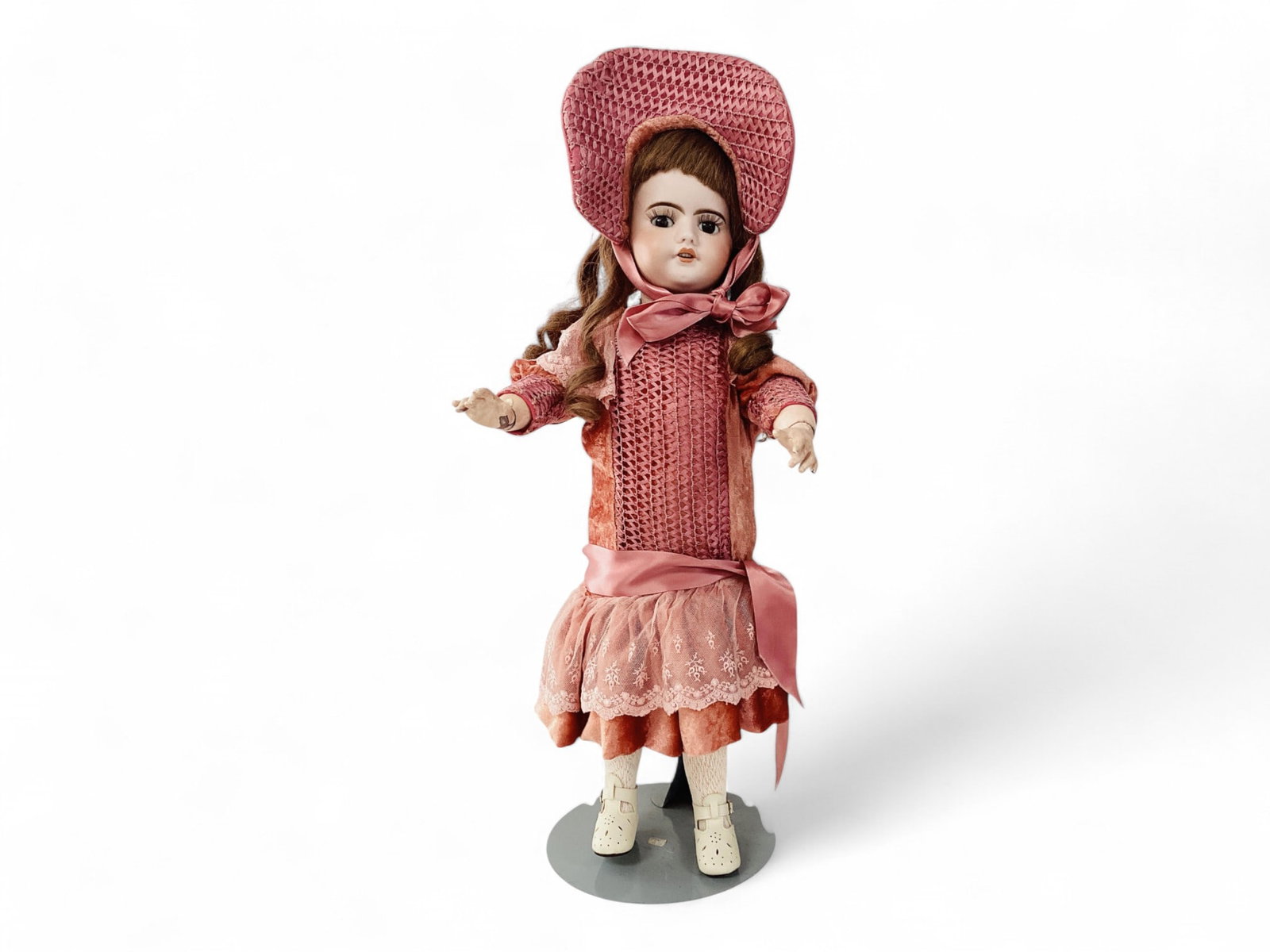 AS.F.B.J. Depose bisque socket head Walker.: AS.F.B.J. Depose bisque socket head Walker. 23" doll with replaced human hair wig, stationary glass eyes, pierced ears, open mouth with teeth, composition walker body. Moving legs causes doll's h