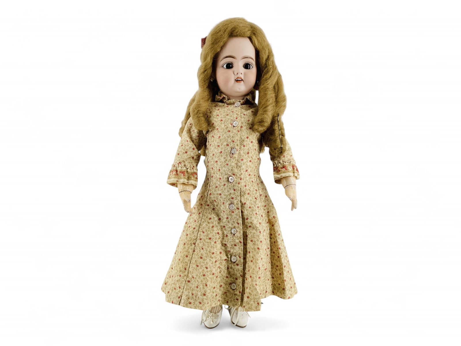 Simon & Halbig 1079 DEP bisque socket head girl.: Simon & Halbig 1079 DEP bisque socket head girl. 16" doll with wool wig, glass sleep eyes, pierced ears, open mouth with teeth, jointed composition body. Clothing may be original to the doll, boo