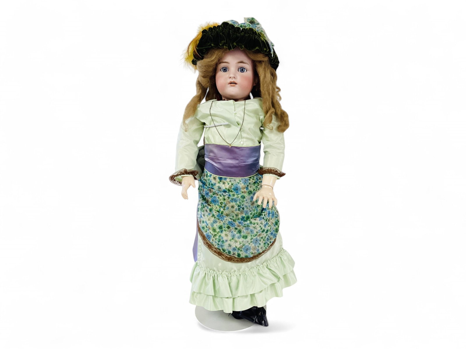 28" Halbig/ K & R Bisque Socket Head Doll: 28" Halbig/ K & R Bisque Socket Head Doll Sleep eyes with painted upper & lower lashes, pierced ears, open mouth with teeth, some glue residue around & on rim, mohair wig. Composition string jointed b