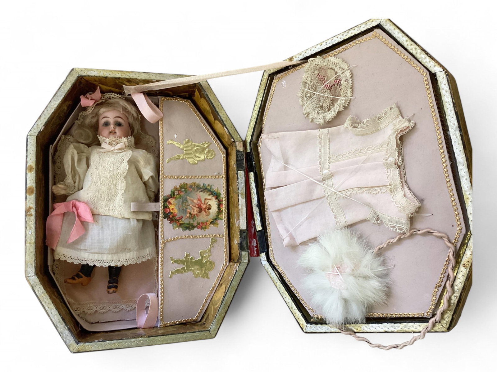 Simon & Halbig K&R bisque socket head girl in Presentation Box.: Simon & Halbig K&R bisque socket head girl in Presentation Box. 6" doll with mohair wig, stationary glass eyes, open mouth with teeth, five-piece composition body with molded and painted one-stra