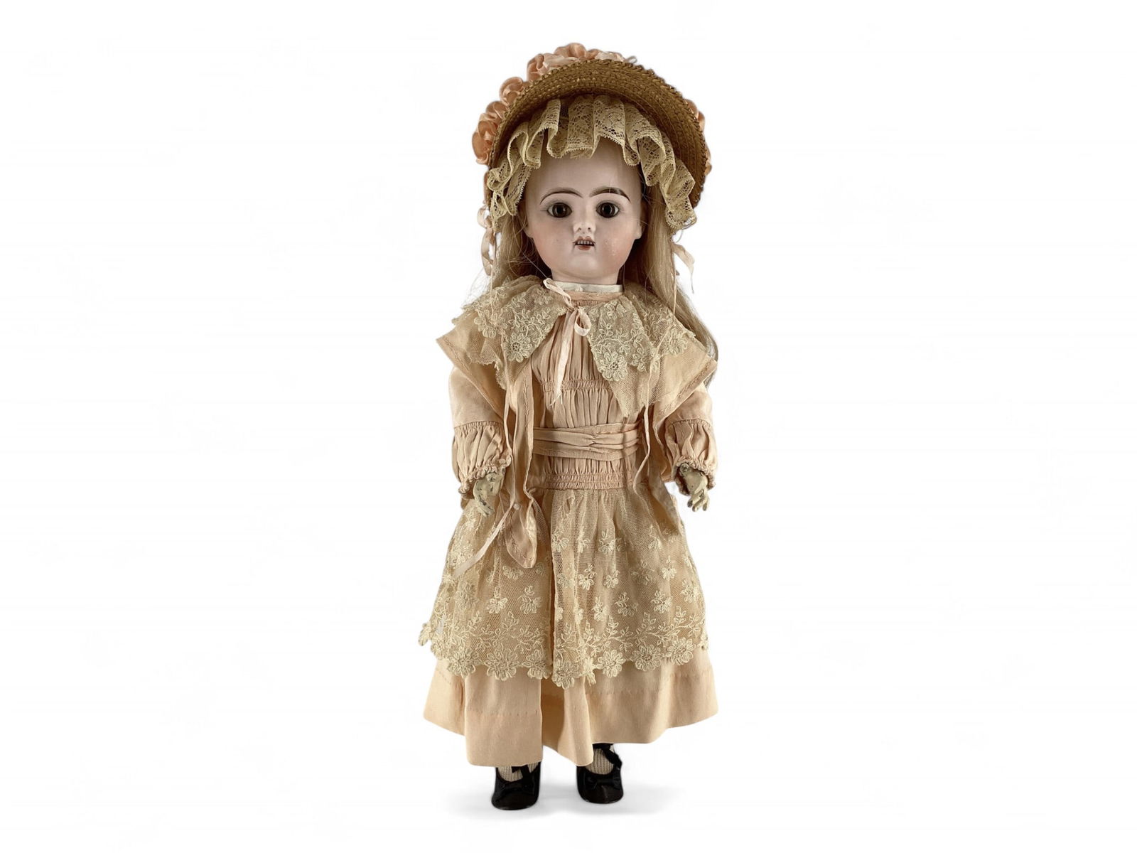 Pinter & Godchaux Bisque Socket Head Doll Child: Pinter & Godchaux Bisque Socket Head Doll Child19 1/2" doll with replaced human hair wig over cork pate, stationary glass paperweight eyes, pierced ears, open mouth with teeth, jointed wood and c