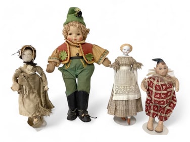 3 Small Cloth Dolls, 1 Small Bisque Shoulder Head Doll