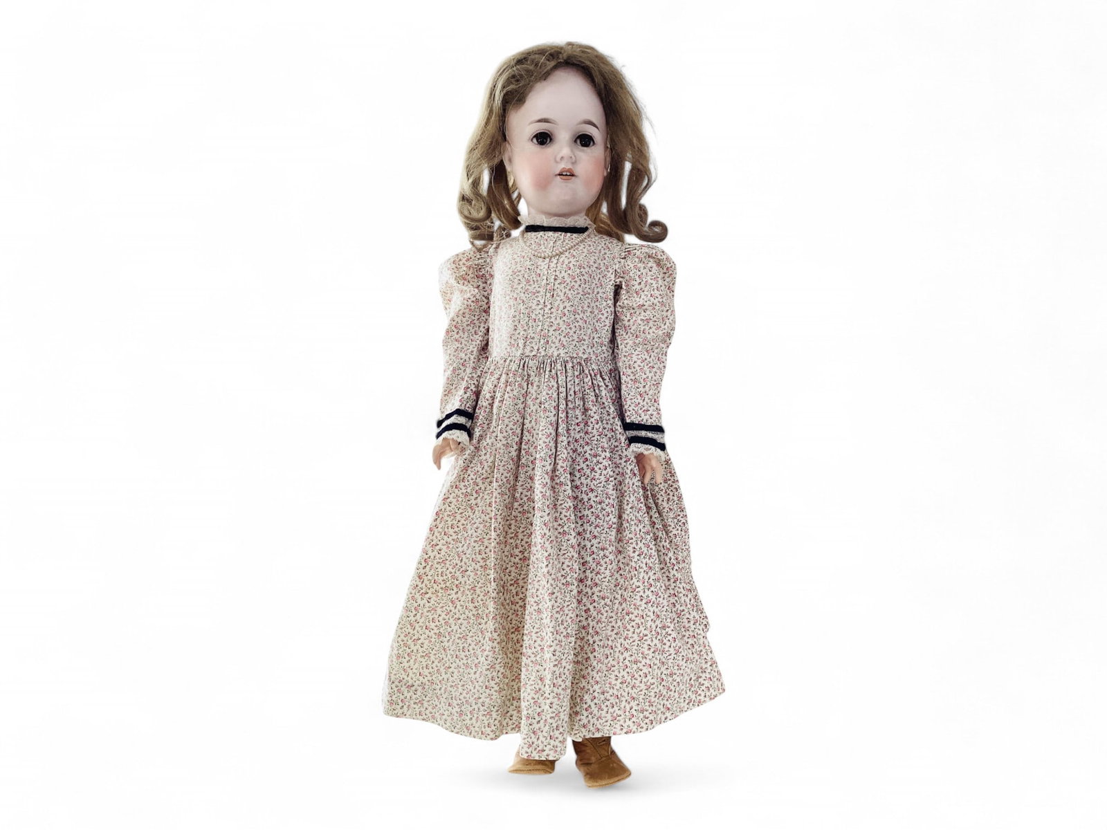 C.M. Bergmann 1916 bisque socket head girl.: C.M. Bergmann 1916 bisque socket head girl. 29" doll with human hair wig, glass sleep eyes with fur lashes, open mouth with teeth, jointed composition body. Bisque has no damage, composition has 