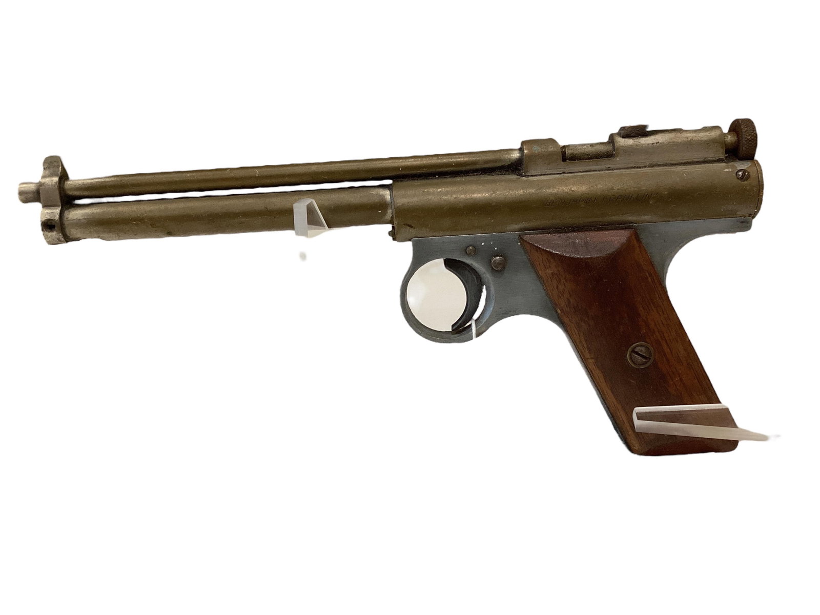 Benjamin Franklin Air Pistol - *******Does not require a back ground check******: Benjamin Franklin Air Pistol - *******Does not require a back ground check****** Parts missing and non working. *******Antique does not require a back ground check******