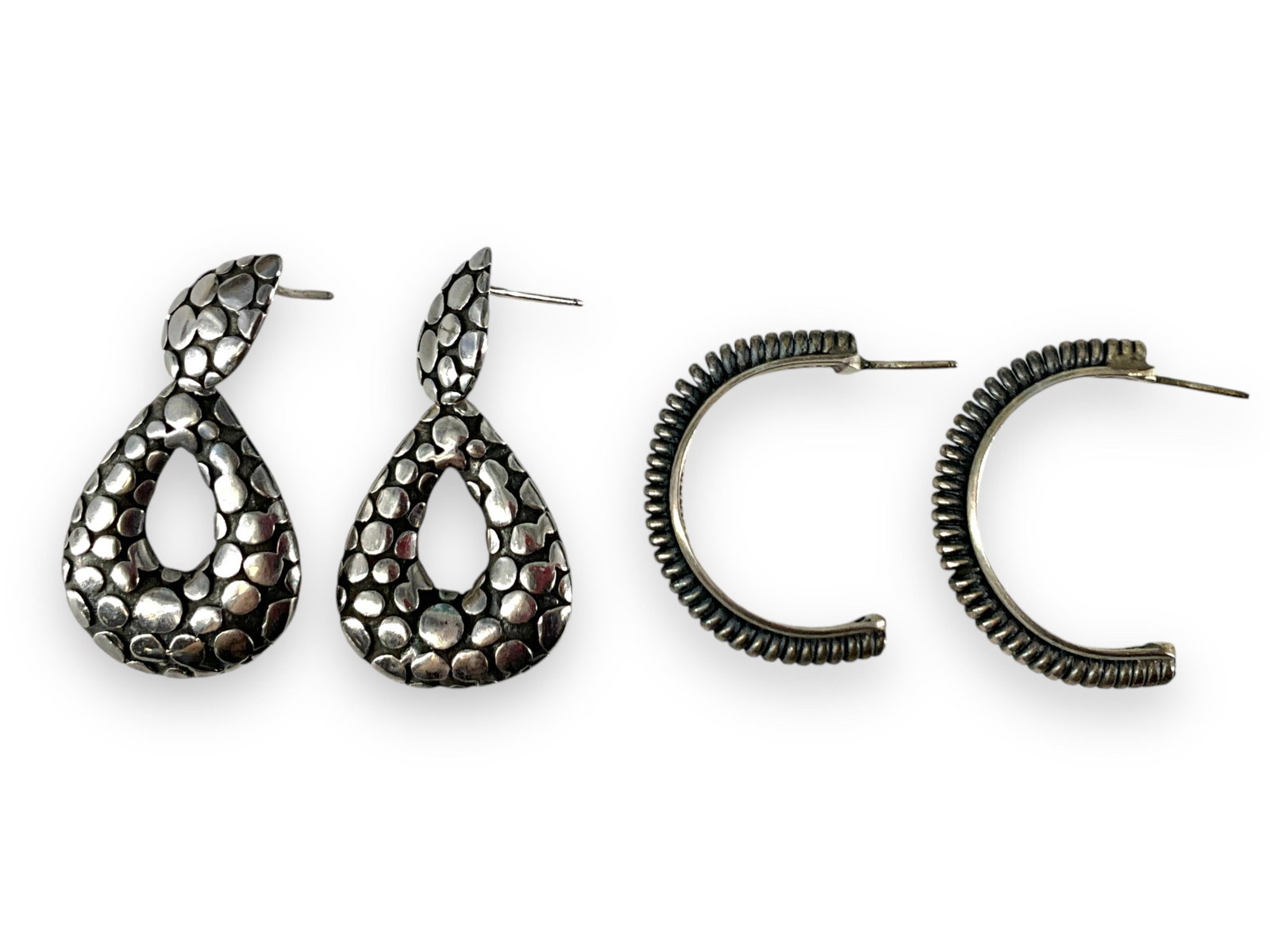 Silver "Dot" Earrings and Silver "Ridge" Earrings: Silver "Dot" Earrings and Silver "Ridge" Earrings Lot has a pair of stamped "925" and tested silver earrings which have a "dot" design throughout and have an approx 1 1/2" drop. These earrings have po