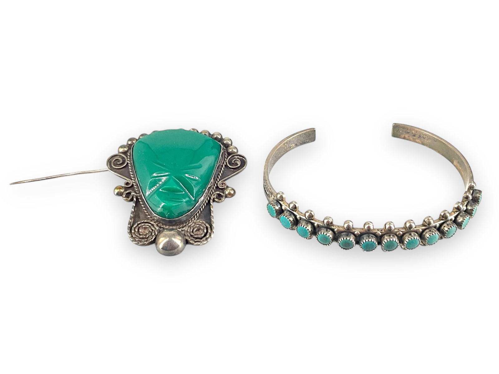 Vintage Green Onyx Mask Pin and Turquoise Bangle Bracelet (1 of 7)