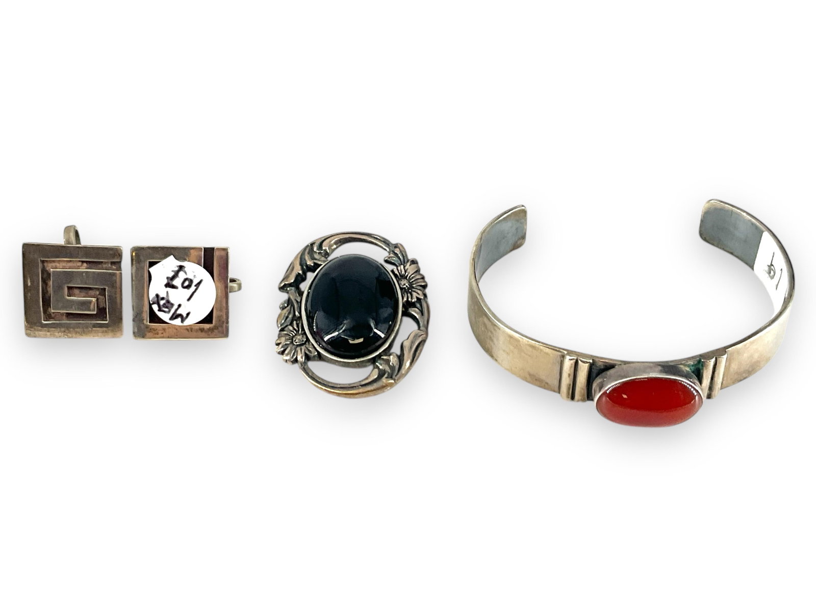 Nice Lot: "Taxco" Silver Southwest Earrings, Silver Bracelet w/Jasper Stone and Brooch w/Onyx Center: Nice Lot: "Taxco" Silver Southwest Earrings, Silver Bracelet w/Jasper Stone and Brooch w/Onyx Center Lot features a sharp, tested silver bracelet which has a 5" interior length and showcases a piece o
