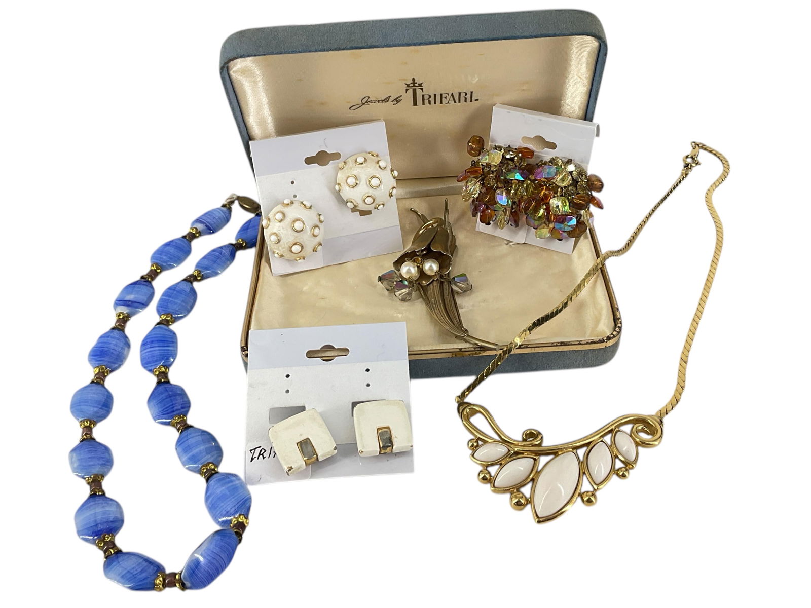Stamped "Weiss" Brooch, Signed "Trifari" Necklace and Earrings w/Branded Box, "Vogue" Sparkling Bead (1 of 12)
