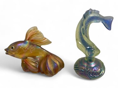 Fenton Art Glass Carnival Jumping Trout, Fenton Art Glass Carnival Koi Fish, signed Height range 3.5