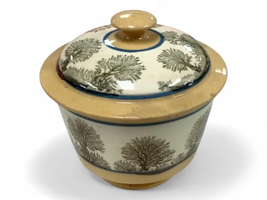 Early Seaweed Mochaware Sugar Bowl with Lid