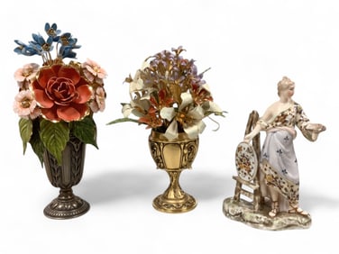 Faberge Bouquets (2) and Ceramic Figure