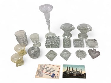 Misc Glassware, including a few Heisey pieces, and two vintage postcards Height range 1" to 10"
