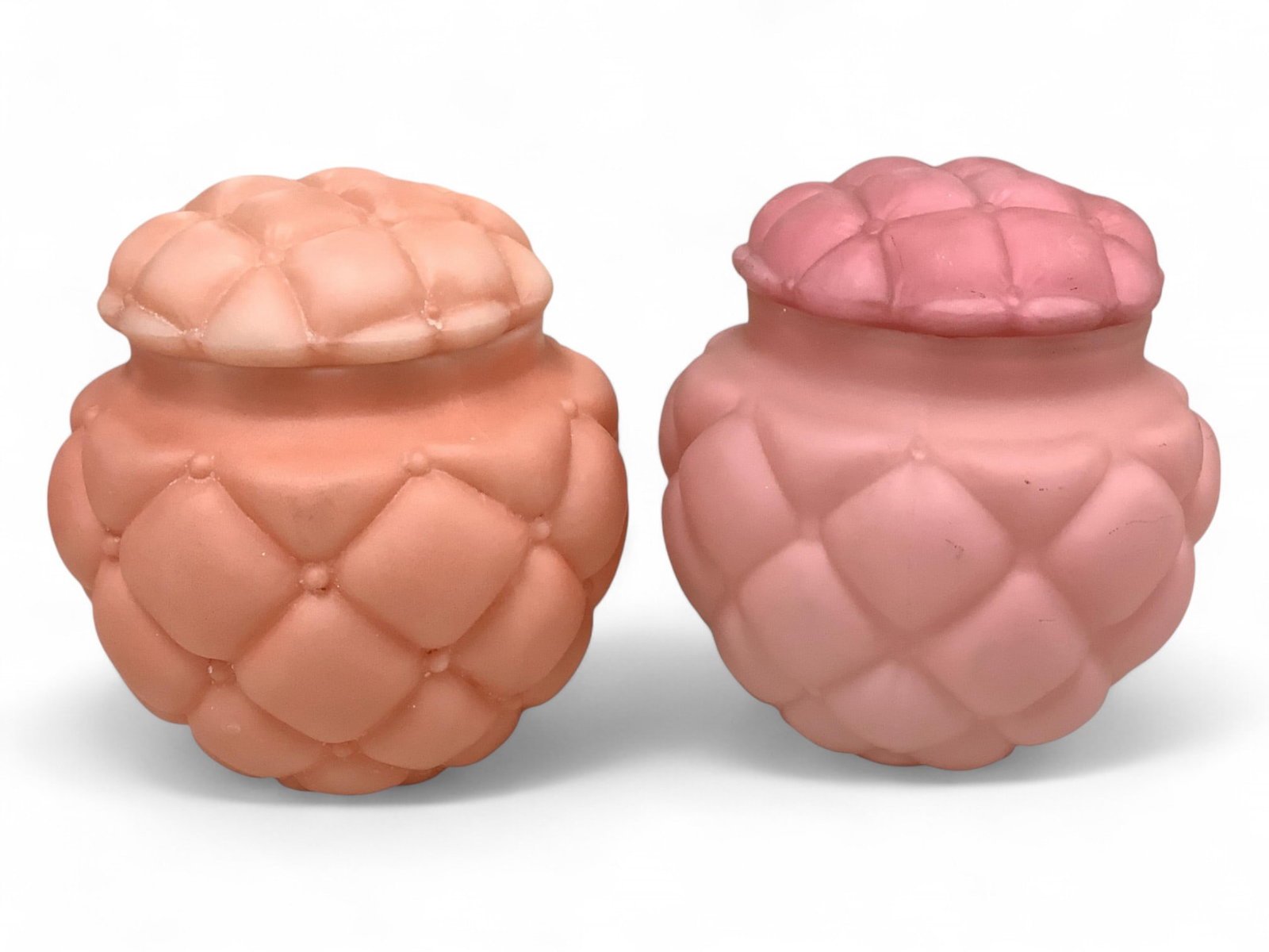 Quilted Glass Jar (2): Quilted Glass Jar (2) Two lovely satin glass jars with a diamond quilt design. Each is a different shade of pink.