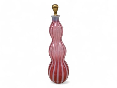 Fenton Cranberry & Opalescent Striped Glass Decanter 12"H without stopper.