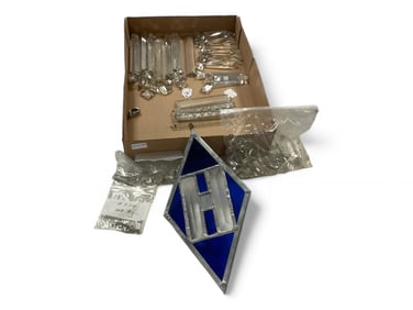 Heisey Bix Lot if Miscellaneous for Candelabra, Buttons, Pin and Diamond H Stain Glass Sign