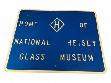 Heisey Blue and White Metal Sign Home of National Heisey Glass Museum 30" x 24"