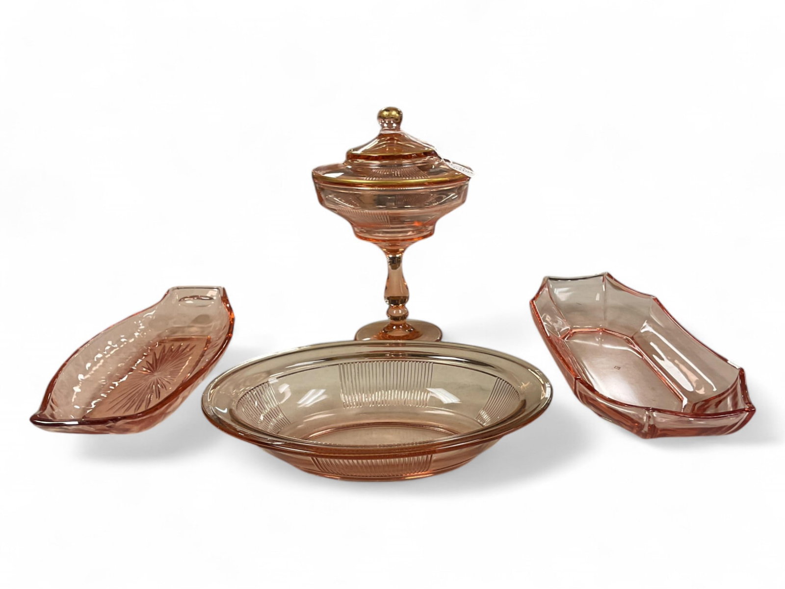 Heisey Lot of (4) Flamingo Items: Heisey Lot of (4) Flamingo Items Pleat and Panel 9" oval bowl, pleat a panel compote, 12" flamingo relish tray and 11"75 diamond optic relish tray
