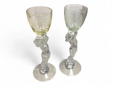Cambridge Glass Statuesque Cordials in Yellow and Pistachio 6" tall
