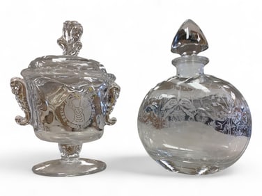 Heisey Lot of (2) Items Orchid Etched Sherry Bottle and Sear Covered Candy BPOE