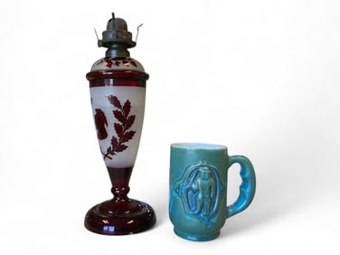 Frosted and Red to Clear Etched Glass Hurricane Lamp Lamp is 15" tall.