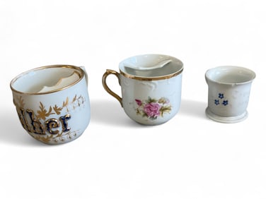 Vintage Mustache Cups/ mugs with Gold Trim. Small Blue Flower Cup has a Chip.