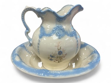 Vintage Arnel's Large Water Pitcher & Matching Basin Blue Floral Design c1970