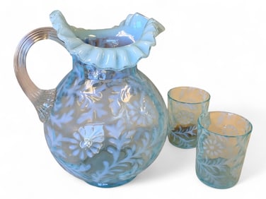 Fenton Daisy and Fern Water Pitcher and (2) Tumblers