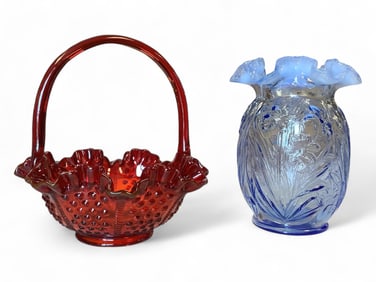 Fenton Ruffled Hobnail Basket and Clear Blue and White Daffodil Vase 8" Vase