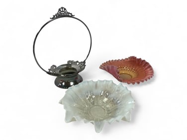 New Martinsville Bride Bowl. Ornate Pressed Bowl FlutedRuffled Frosted Rim. 12" Bride Basket Frame u