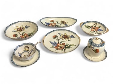 Colorful Hand-painted Nortake Serving Plates and Bowls, Including Spoons