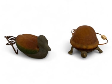 Vintage Amber Stained Glass Duck and Amber Glass and Brass Turtle Tortoise Night Lamps.