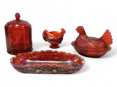 (4) Red Art Glass Items - Hen on Nest, Rooster Candle Holder, Covered Candy & Pressed Glass Relish