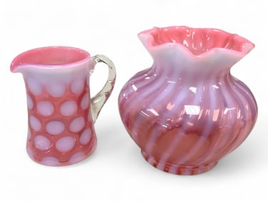 Fenton Coin Dot Pitcher and Spiral Vase in Cranberry Opalescent