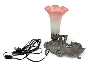 Mayday Tiffany Style Lilt Tulip Pink Frosted Glass Flower Lamp/Trinket Tray 8.25"