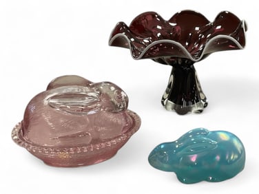 Mosser Blue Rabbit. Vintage Pink/ Lavender Bunny on a Nast Candy Nut Dish.