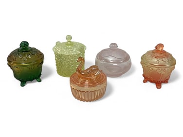 (5) Art Glass Covered Bowls - Powders and Candy
