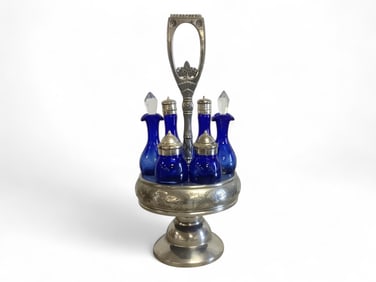Vintage Cobalt Blue Six Piece Cruet Set with Silverplated Caddy