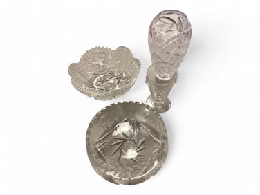 Cut Glass Bowls (2), Vase and Cup Bowls have a 8" and 9" diameter; the vase measures 8.25" tall.