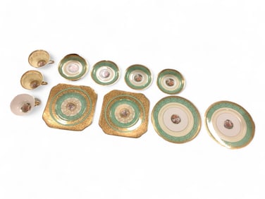 24 Carat Gold Hand Decorated Tea Service Round plates measure 9" diameter.