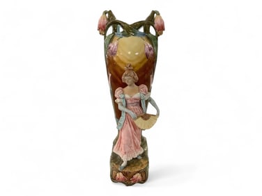 1800s Antique Majolica Art Nouveau Victorian Vase Measures 17.5" tall.