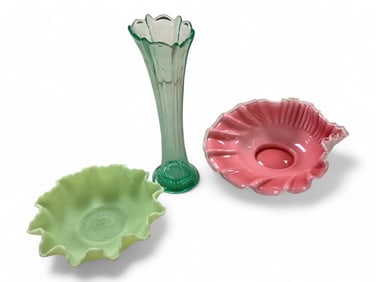 Fenton Pink Silver Crest and Green Satin Dish paired with Imperial Swung Vase