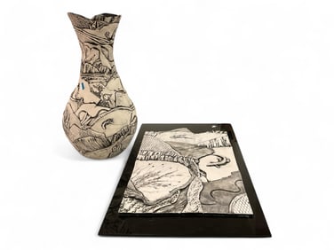 **Plaster sculpture on black backing with Tall Vase.