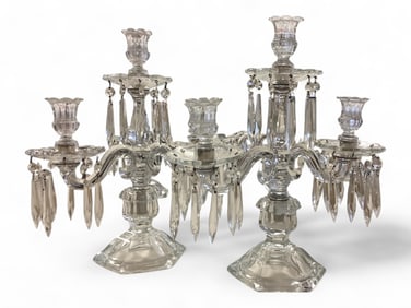 Heisey Pair #301 Old Williamsburg Short Base (3) Light Candelabra with A Prisms