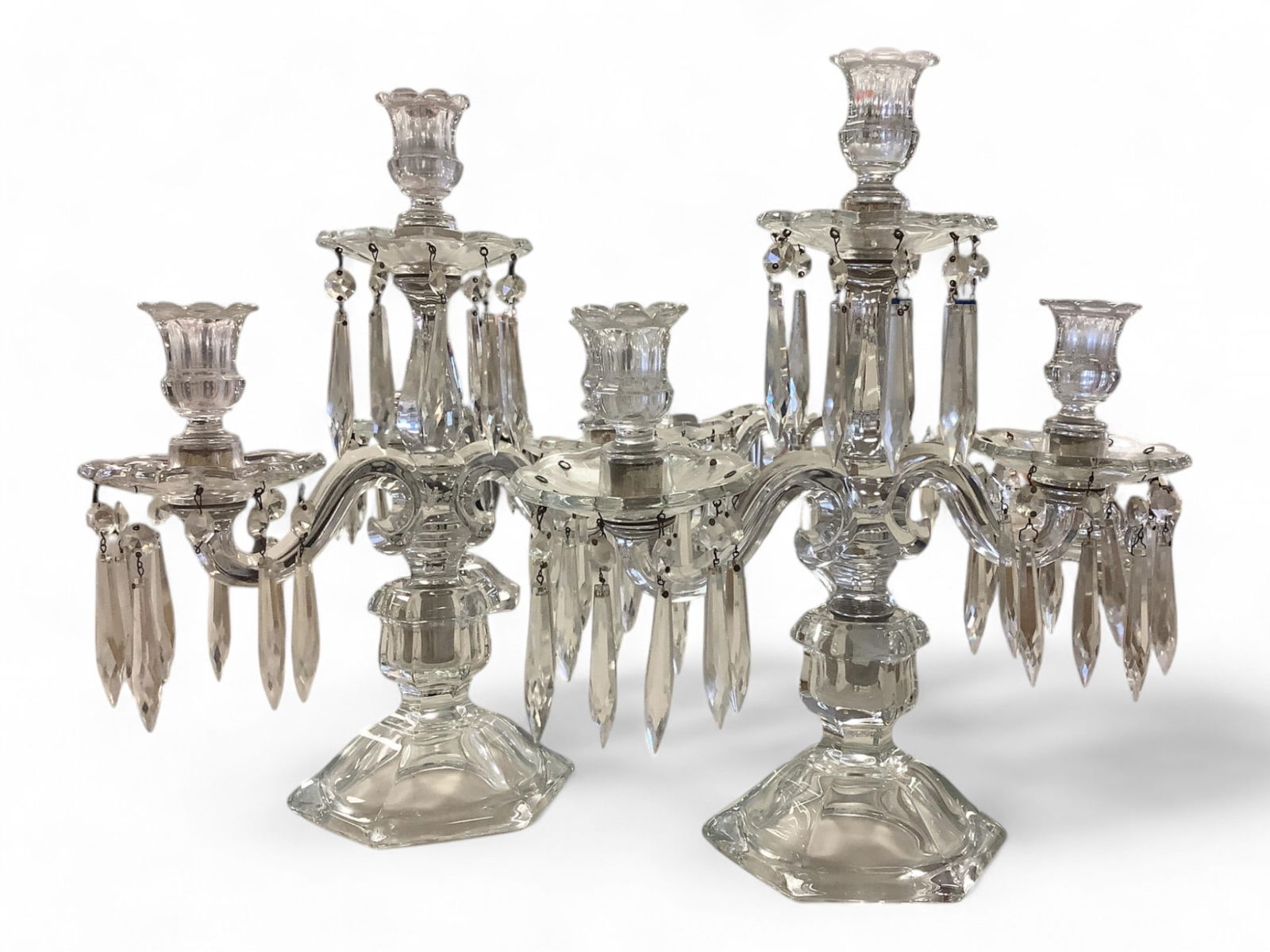 Heisey Pair #301 Old Williamsburg Short Base (3) Light Candelabra with A Prisms (1 of 1)