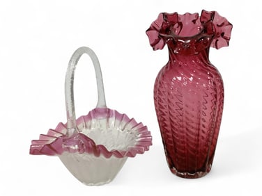Vintage Cranberry Glass Basket to top of handle 9 1/4 in. (23.5 cm.), Vase 10 3/4 in. (27.3 cm.)