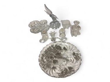 Cambridge Glass Seagull Flower Frog, Caprice Cream and Sugar, Relish Dish, Candelabra Arm and Snack 