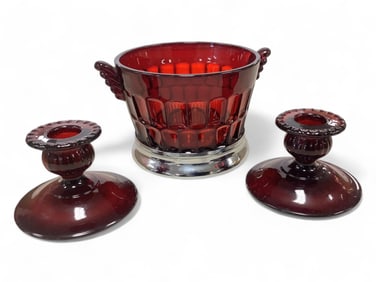 Cambridge Gadroon Ruby 2" Candle Sticks and Ice Bucket Bucket 5.5" in diameter
